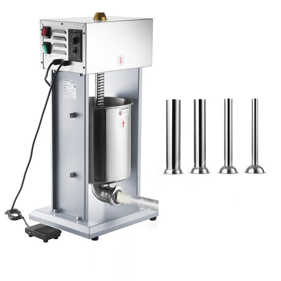 Masina electrica de umplut carnati, Profesionala, Inox, 4 x Tuburi, 200 W, control viteza, Capacitate 10 l, pedala control