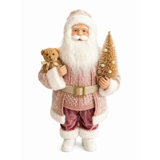 Decoratiune Mos Craciun, Inaltime 60 cm, Tinuta Roz, Decoratiuni aurii