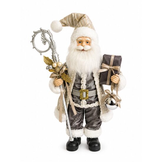 Decoratiune Mos Craciun, Inaltime 30 cm, Tinuta Gri, Decoratiuni aurii