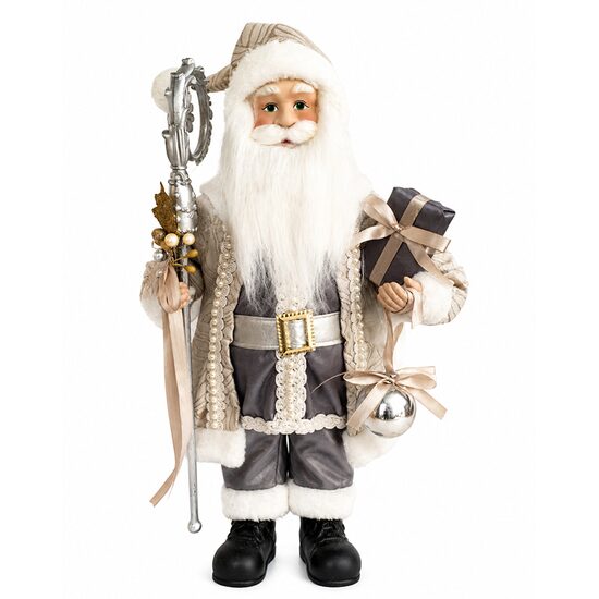 Decoratiune Mos Craciun, Inaltime 45 cm, Tinuta Gri, Decoratiuni aurii