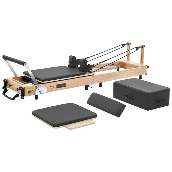 Aparat pilates, cadru lemn masiv, 2.4 m, max 180 kg, Sistem rezistenta 6 x arcuri, Pliabil, Role cu rulmenti dubli, sine inox