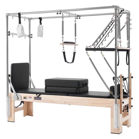 Aparat pilates Performer 3 in 1, cadru lemn masiv, 2.4 m, max 180 kg, Sistem rezistenta 5 x arcuri, Role cu rulmenti dubli, sine inox