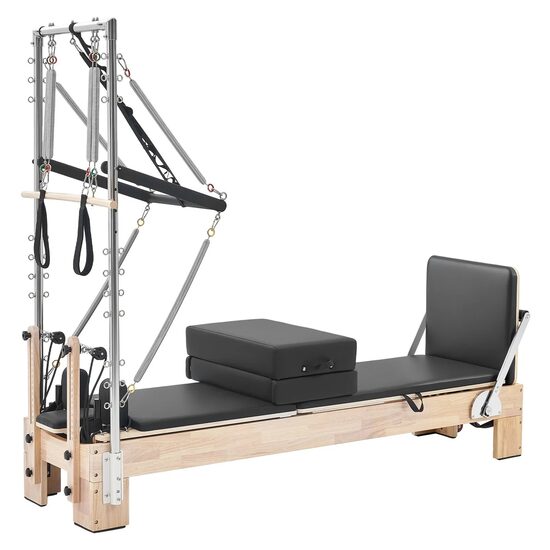Aparat pilates, cadru lemn, 2.4 m, max 180 kg, Sistem rezistenta 5 x arcuri, Role cu rulmenti dubli, sine inox