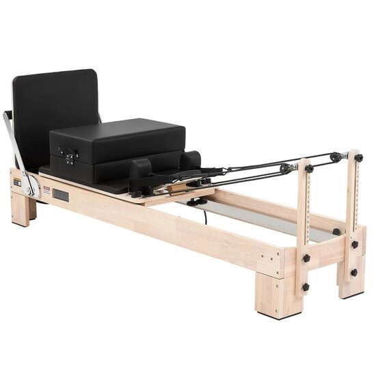 Aparat pilates, cadru lemn, 2.4 m, max 181 kg, Sistem rezistenta 5 x arcuri, rulmenti dubli, Tetiera 3 pozitii, placa sarituri, curele