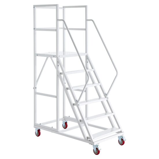 Scara cu platforma si balustrada, 6 x trepte antiderapante, max 500 kg, Inaltime 190 cm, 4 x roti