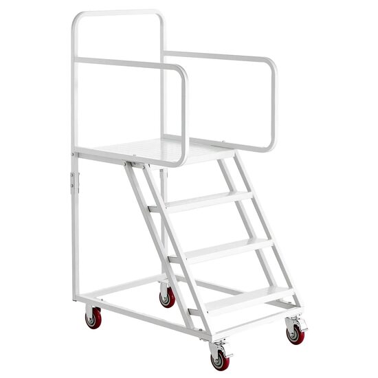 Scara cu platforma si balustrada, 4 x trepte antiderapante, max 400 kg, Inaltime 148 cm, 4 x roti