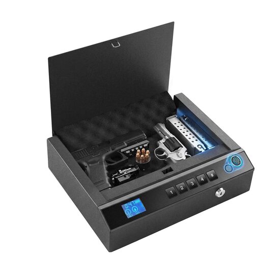 Caseta pentru 2 x pistoale si 2 x incarcatoare, Otel, Iluminare automata, Bluetooth, cheie, cifru, amprenta