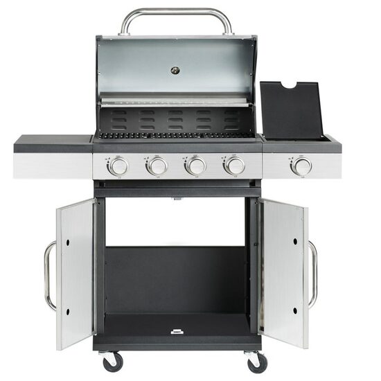 Gratar pe gaz cu 5 arzatoare 120x48x110 cm, Otel Inox, 4x2.8 kW, 1x2.5 kW