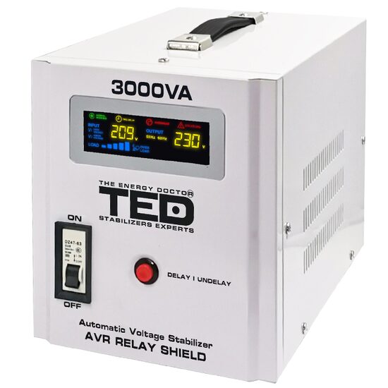 Stabilizator de tensiune automat, 3000 VA/1800 W, 140-260V, unda sinusoidala pura, 2 x Schuko, Afisaj LED