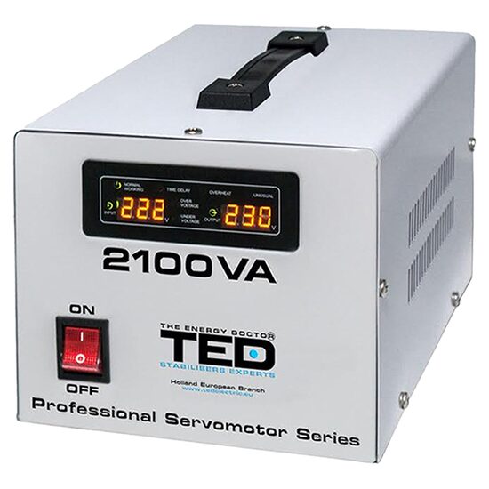 Stabilizator de tensiune servomotor automat, 2100 VA, 140-260V, unda sinusoidala pura, 2 x Schuko, Afisaj LED