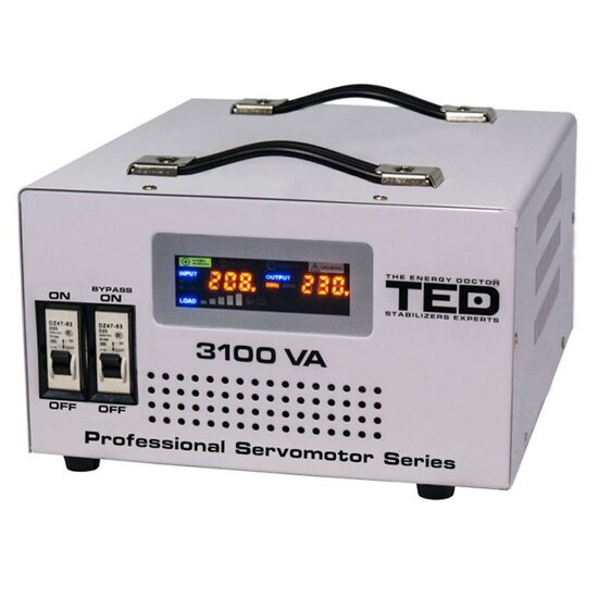Stabilizator de tensiune automat, 3100 VA, 140-260V, unda sinusoidala pura, servomotor, 2 x Schuko, Afisaj LED