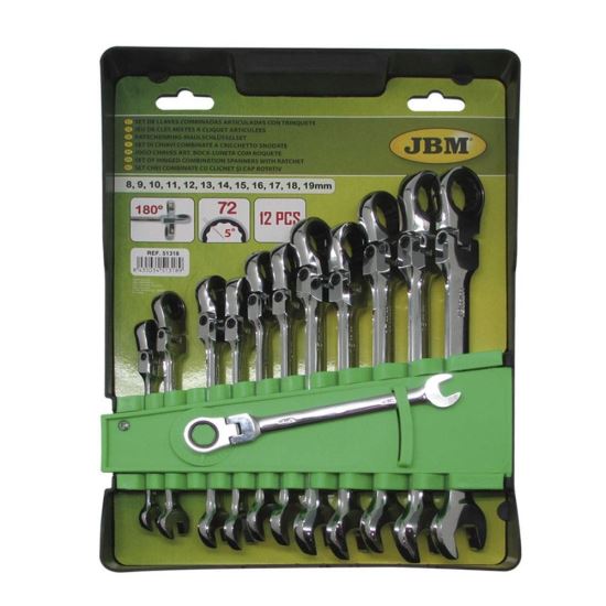Set 12 chei combinate cu clichet  JBM 51318, Crom-Vanadiu, cap rotativ