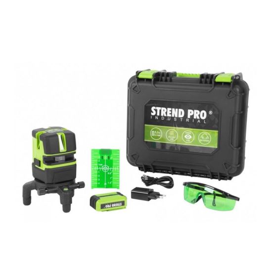 Set nivela laser cu acumulator, Strend Pro Premium HP-NT411G, linie incrucisata, 4V + 1H, verde, 50 m, ochelari, valiza, mira