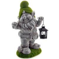 Decoratiune gradina Strend Pro Ceramic Gecco918, Pitic  cu caciula si lampion, 25x20x45 cm