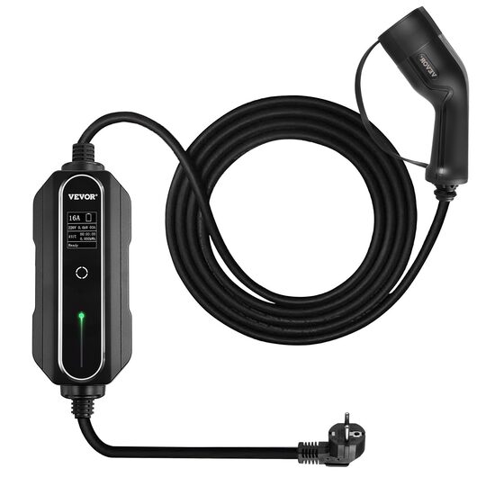Incarcator portabil EV VEVOR, Tip 2, 16A, Cablu de incarcare 7.5 m, Schuko, Ecran digital, 3.6 kW geanta de transport, IP54