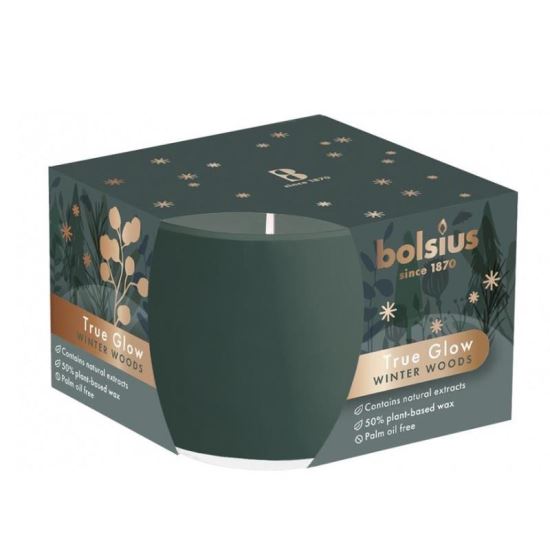 Lumanare Bolsius True Glow, in sticla, ceara vegetala, parfum de lemn de iarna, 24 ore, 63x90 mm