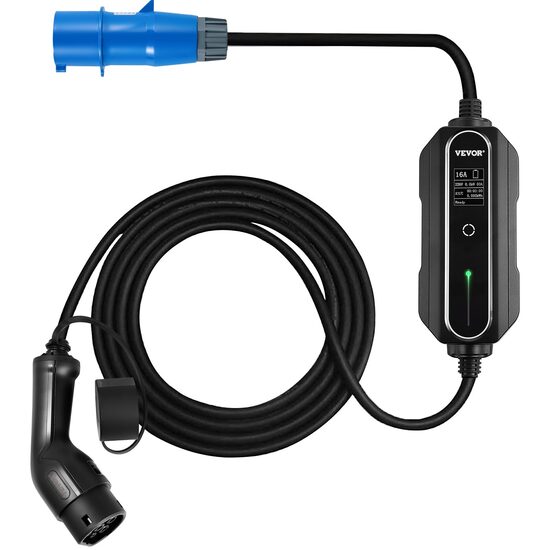Incarcator portabil EV VEVOR, Type 2, 16A, Cablu de incarcare 7.5 m, prize CEE 3 pini, Ecran digital, 3.6 kW geanta de transport, IP54