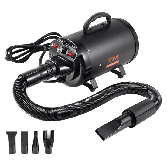 Uscator pentru caini Vevor, 2000 W/2,7 CP, control reglabil al vitezei si temperaturii, 4 duze si furtun extensibil, negru