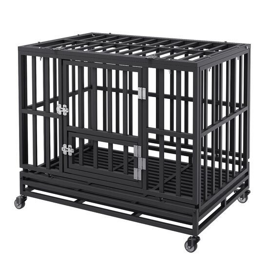 Cutie pentru caini Vevor Heavy Duty, 950 × 650 × 810 mm, Metal, Tava, 3 usi, 4 roti